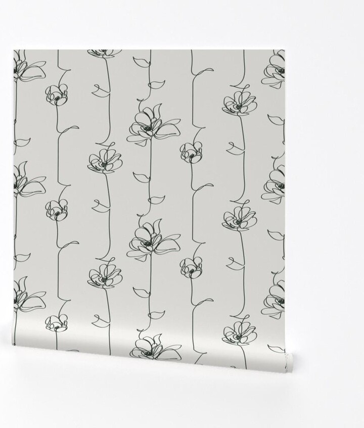 Floral Stripes Wallpaper - One Line By Jenflorentine White Black Neutral Removable Self Adhesive Roll By Spoonflower