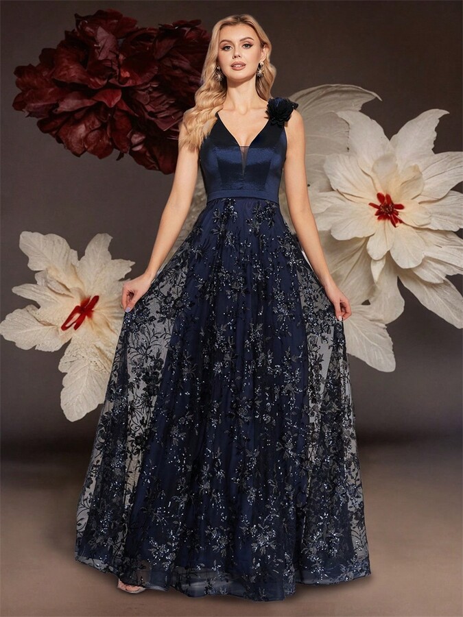 Lucy in love Elegant V-Neck Gold Floral Evening Dress Long 2024 Luxury Women Chiffon Sleevesless Party Dress Prom Cocktail Dress