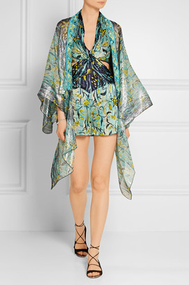 Anna Sui Embroidered Printed Silk-blend Kimono - Turquoise
