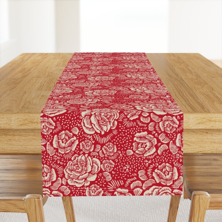 Rose Table Runner - Festive Floral Flowers Red Christmas Cream Vintage Cotton Sateen Holiday By Cinneworthington