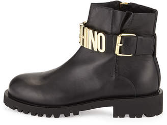 Moschino Leather Combat Boot w/Logo Lettering