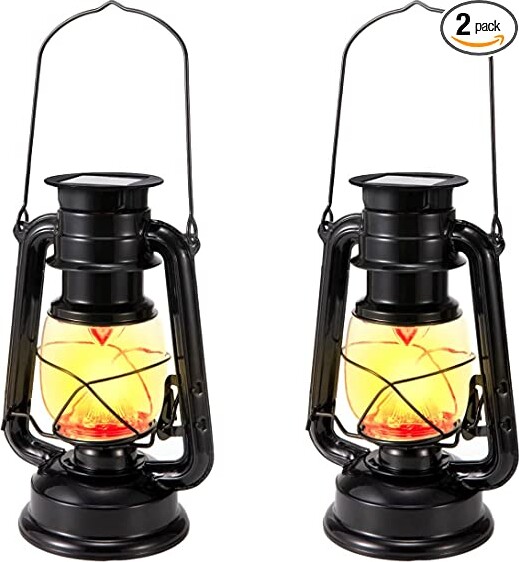 Solar Lantern Outdoor Garden Decorative Old Lantern with Flickering Flame Vintage Lantern Hanging Lights for Camping Patio Yard, 2 Pack