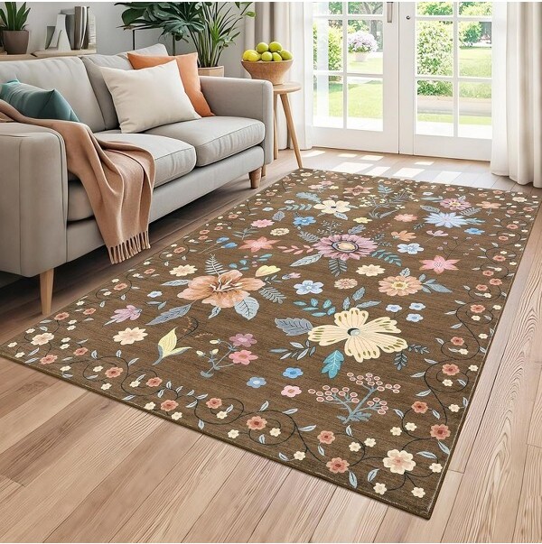 coucheta RunnerRug-FloralBohoDesignUltra-ThinLowPileNon-SlipBackingMachineWashable9*12ftBrown