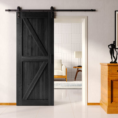 Homacer 84inch High Black Unassembled & Finished K Design Barn Door with Single Door Non-Bypass Installation Hardware Kit, interior use only
