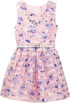 Thumbnail for your product : Beautees Striped Floral Overlay Belted Dress with Necklace (Big Girls)