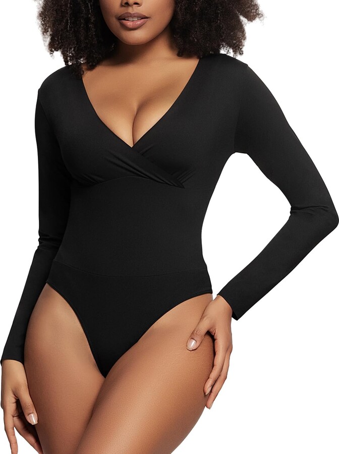 RoomTour Women's Deep V Neck Long Sleeve Bodysuits Tummy Control Thong  Bodysuit for Women Tops Black S - ShopStyle