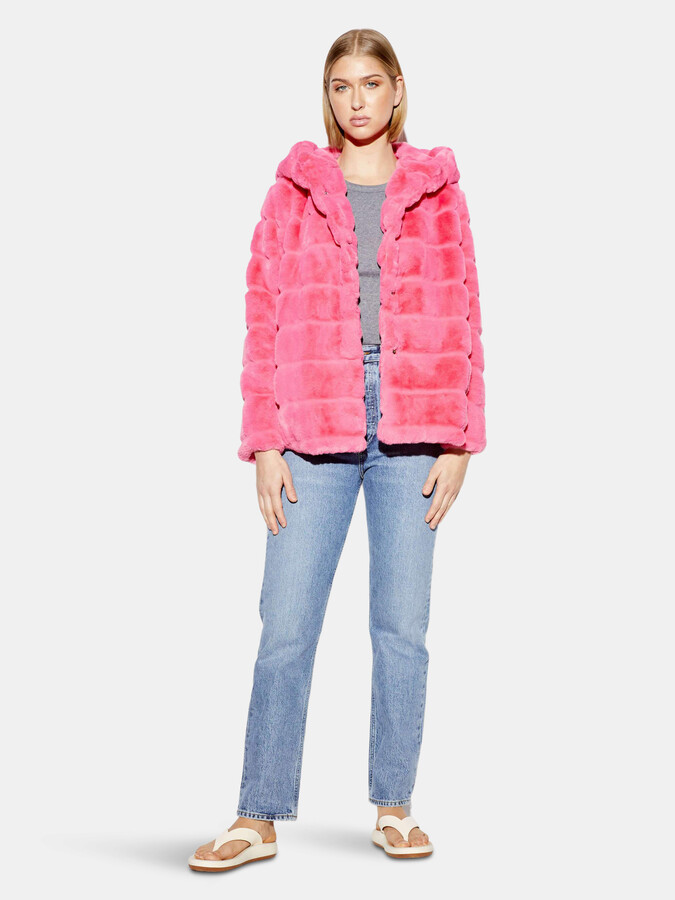 black jacket with pink fur hood