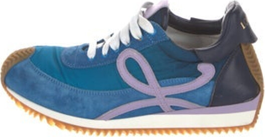 Loewe Suede Low Top Athletic Sneakers Blue Printed Leather Trim Round-Toes Lace-Up Closure at Uppers