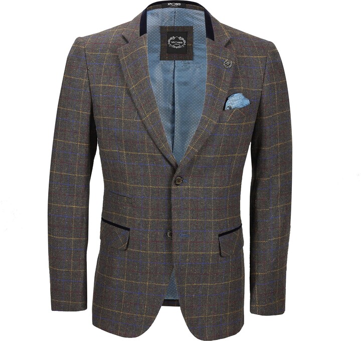 Xposed Mens Herringbone Tweed Check Blazer Vintage Tailored Fit Smart ...