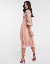 asos design embroidered pleated midi dress with fluted sleeve