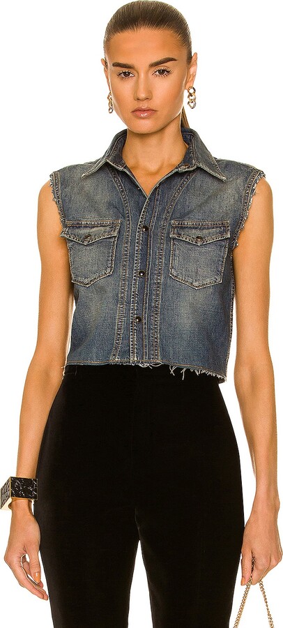 Saint Laurent Cropped Sleeveless Denim Shirt in Denim-Dark