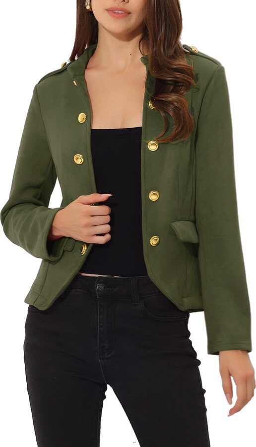 Unique Bargains Women’s Faux Suede Long Sleeve Button Decor Steampunk Jacket M Green