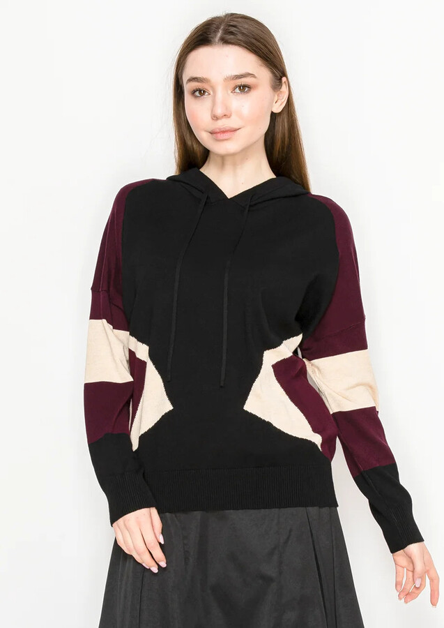 YAL New York Black and Burgundy Paneled Knit Hoodie