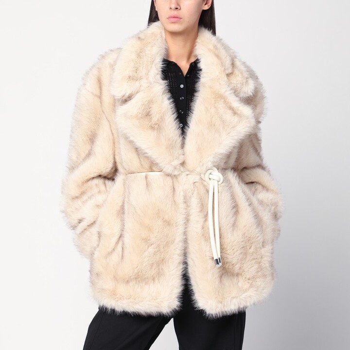 Sportmax Beige faux fur coat with belt