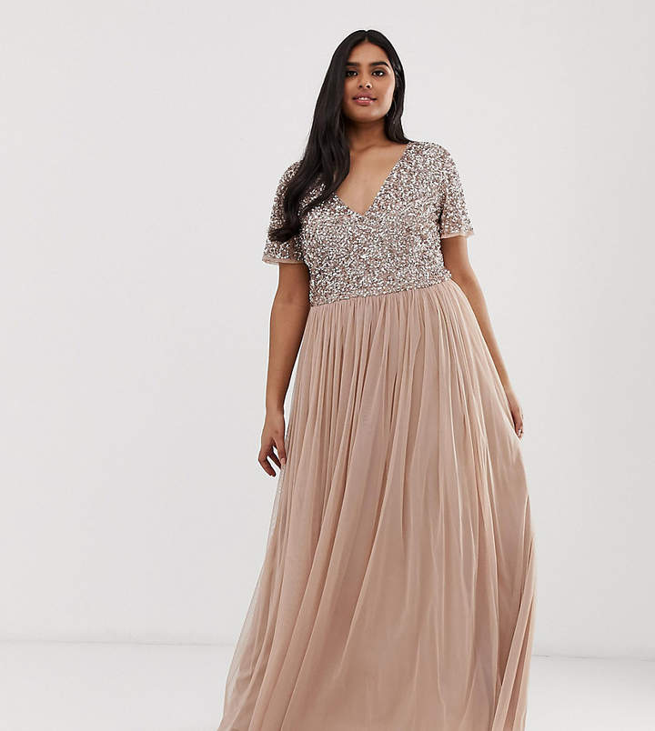 maya bridesmaid sleeveless midaxi tulle dress with tonal delicate sequin overlay in taupe blush