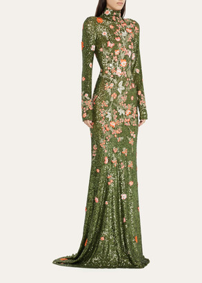 Naeem Khan Floral-Embroidered Sequin High-Neck Gown