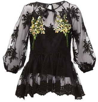 Romance Was Born Mimosa Floral-embroidered Tulle Top - Black