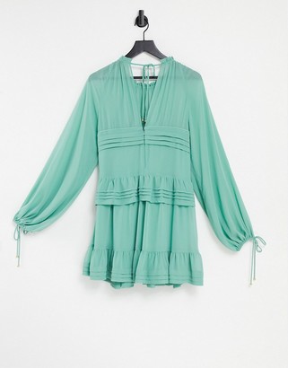 Ever New tiered lantern sleeve mini dress with frill detail in sage green