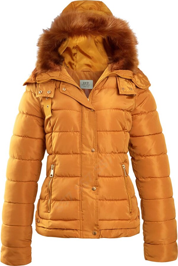 SS7 Womens Padded Coat Quilted Hooded Faux Fur Parka Size 8 10 14 16 20 24 Mustard