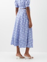 Thumbnail for your product : Saloni Della High-rise Printed Linen Skirt - Blue White