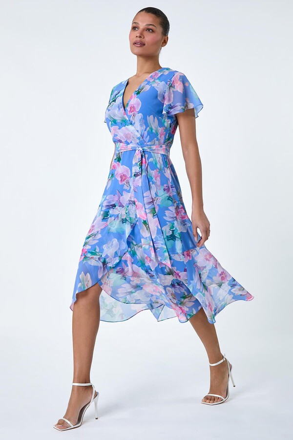 Roman Originals Floral Frill Detail Wrap Dress in Light Blue