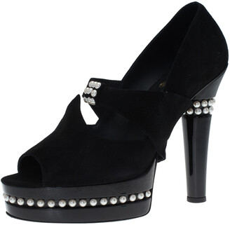 Chanel Black Suede Leather Moscow Collection Pearl Trim Platform