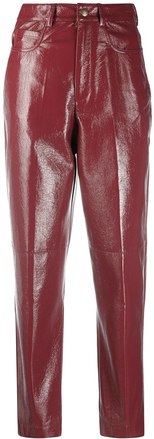 red faux leather trousers