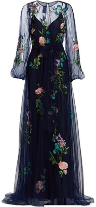 Monique Lhuillier Floral-Embroidered Gown