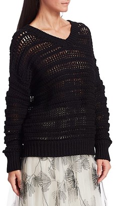 Brunello Cucinelli Chunky Open-Weave V-Neck Cotton Sweater