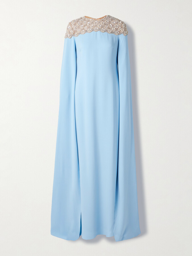 Oscar de la Renta Cape-effect Embellished Tulle-trimmed Silk-blend Georgette Gown - Blue