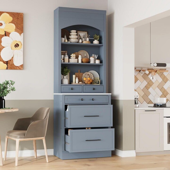 Polibi Gray 75.25 in. Accent Cabinet, Pantry Cabinet with Faux Marble Top, 5 Storage Drawers and Adjustable Shelf