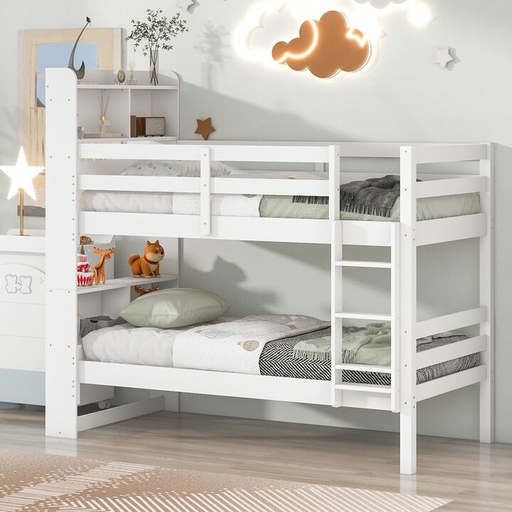IGEMAN Solid Wood Bunk Beds with Bookcase Headboard, Rail and Ladder