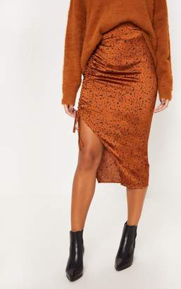 PrettyLittleThing Rust Satin Printed Ruched Side Midi Skirt