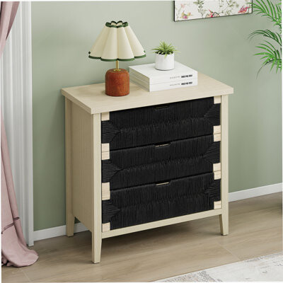 Dakota Fields 3 Drawer Buffet Sideboard with Adjustable Shelves Storage Cabinet with Natural Seaweed Decor Doors for Living Room Kitchen Entryway