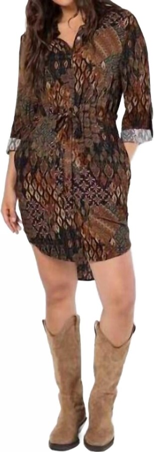Tribal Ikat Patchwork Shirt Dress In Black