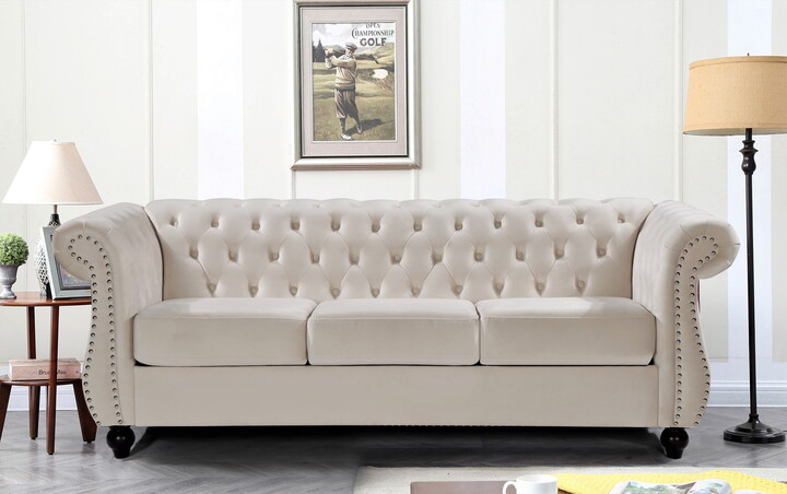 Uspridefurniture Fender 82.6'' Velvet Rolled Arm Sofa,Beige