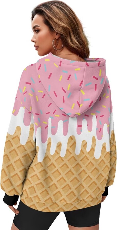 Xpyeesfuen Ice Cream Hoodies for Women Oversized Sweatshirt Hooded Long Sleeve Casual Fleece Tops Pullover Sweater with Pocket
