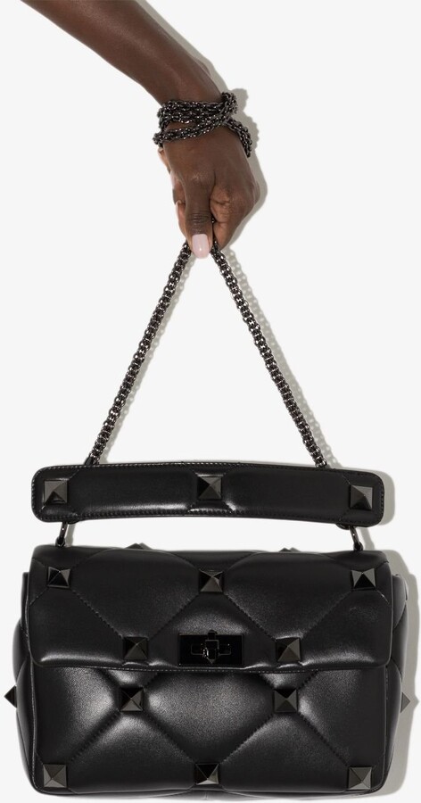 Valentino Garavani Women's Medium Roman Stud The Shoulder Bag in Nappa with Chain and Tone-on-Tone Studs - Black