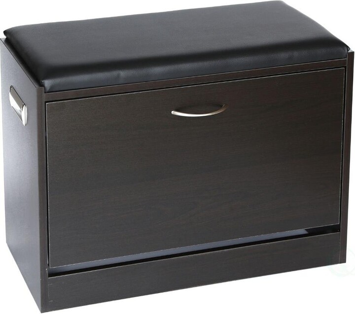 Basicwise Black Wooden Fold-out Shoe Organizer - Shoe Storage Bench with Leather Cushion