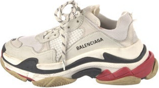 Balenciaga TRiple S Low Top Chunky Sneakers Neutrals, Red & White Mesh Rubber Trim Round-Toes with Embroidered Accent Lace-Up Closure at Uppers