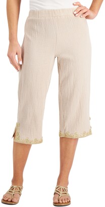 JM Collection Petite Cotton Gauze Soutache-Trim Capri Pants, Created for Macy's