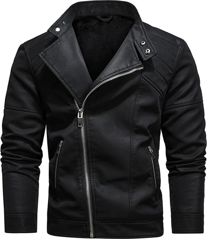 Pegsmio Men Winter Fleece Warm Diagonal Zipper Military Leather Jacket