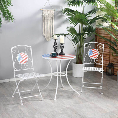 Latitude Run 3 Piece Patio Bistro Set Folding Outdoor Furniture With USA Mosaic Table And Chairs Portable Metal Frames For 4Th Of July Balcony Backyard Poolsi