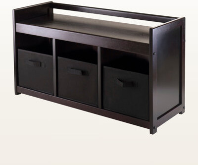 Shirely Espresso 4-Piece Storage Bench with 3 Foldable Fabric Baskets