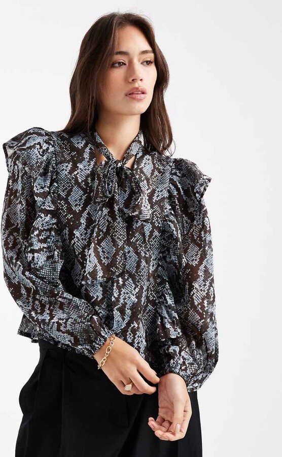 Wednesday's Girl chiffon ruffle blouse with scarf in blue snake print