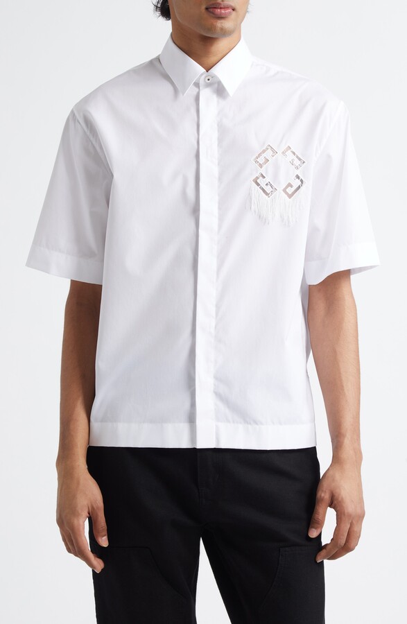 Givenchy Dripping Cutout Logo Short Sleeve Cotton Button-Up Shirt
