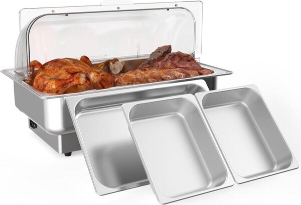 TROPOW StainlessSteelElectricChafingDishBuffetSet9QTwithTemperatureControlRollTopBuffetServersandWarmerswith1Full-SizePan&2Half-SizePan