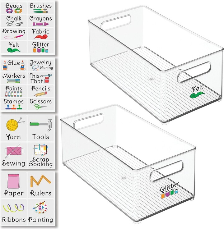 mDesign Plastic Craft Room Storage Box with Handles, 2 Pack + 24 Labels