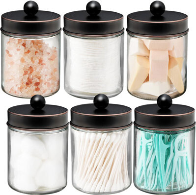 EDGAR'S FURNITURE MANUFACTURING INC Apothecary Jars Bathroom Vanity Organizer, Rustic Farmhouse Decor Storage Canister With Stainless Steel Lids,Cotton Swabs,Rounds,Ball,Flossers (6 PCS)