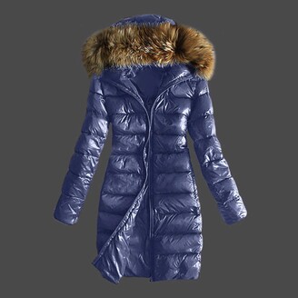 Alueeu Women Outwear Quilted Winter Warm Coats Collar Hooded Jacket Tops Blue